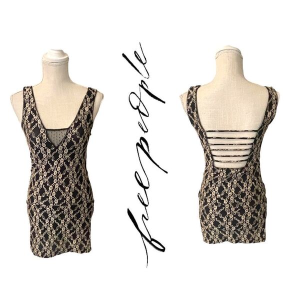 Intimately Free People Black and Gold Lace Embroidered Mini Dress - Picture 1 of 13